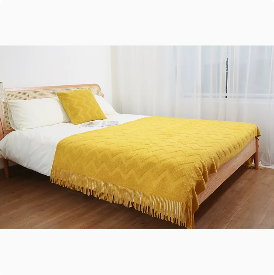 Yellow Chevron Knitted Throw Blanket With Tassels Nordic Solid Fringe Bed Scarf Soft Acrylic Decorative Bed End Cover Sofa Shawl