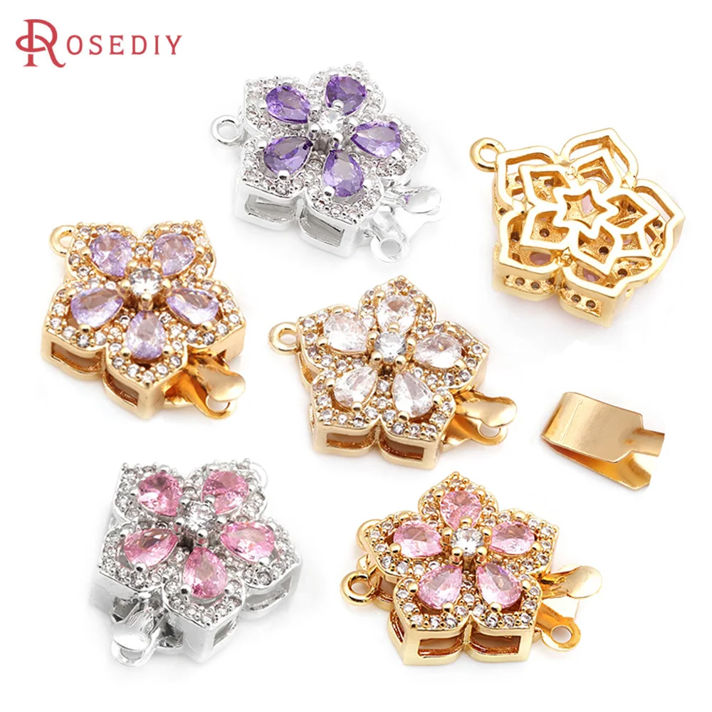 

4 Sets Full Size 21x15MM 18K Gold Color Brass Zircon Flower Necklaces Connect Clasps High Quality Jewelry Making Supplies