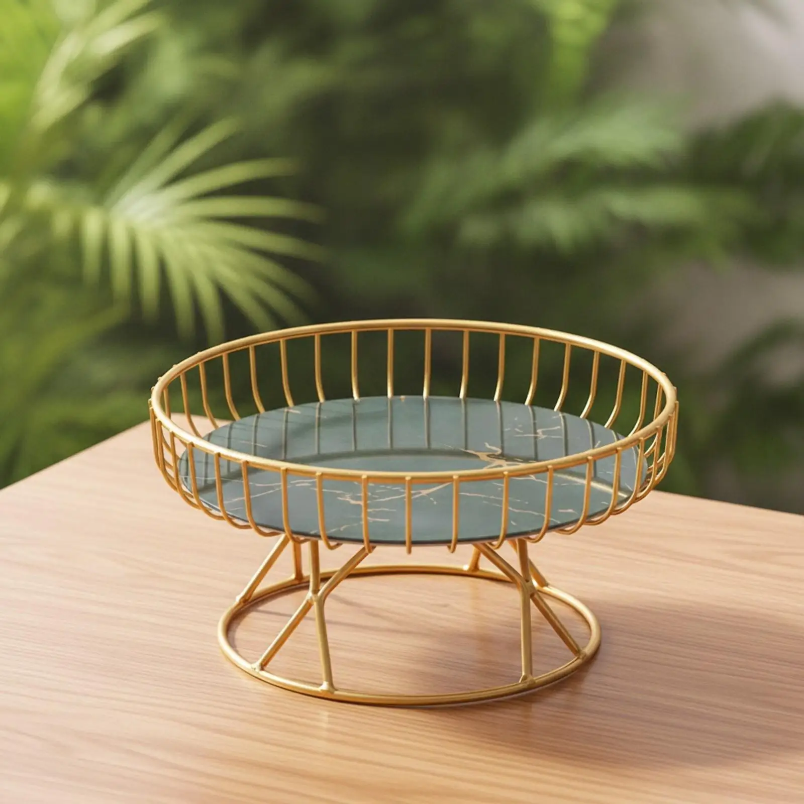 Round Iron Fruit Basket with Elevated Stand Freestanding Raised Wire Fruit Basket with Marble-Pattern baseSaving for Living-Room