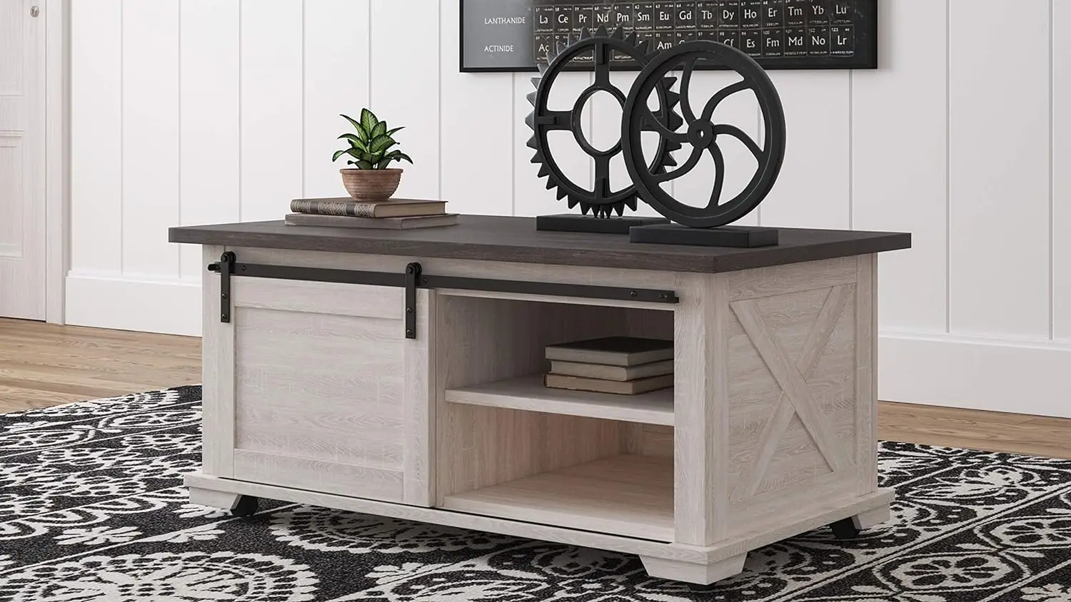 

Design by Ashley Dorrinson Farmhouse Coffee Table with Sliding Barn Doors, Antique White & Brown