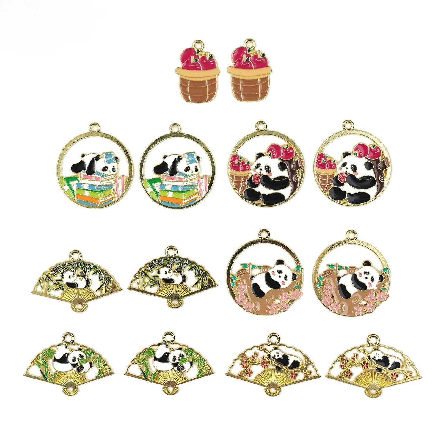 10pcs Fan Shape Panda Enamel Charms Double Loops Pendants Fashion DIY Earrings Necklace Bracelet Jewelry Making Accessory