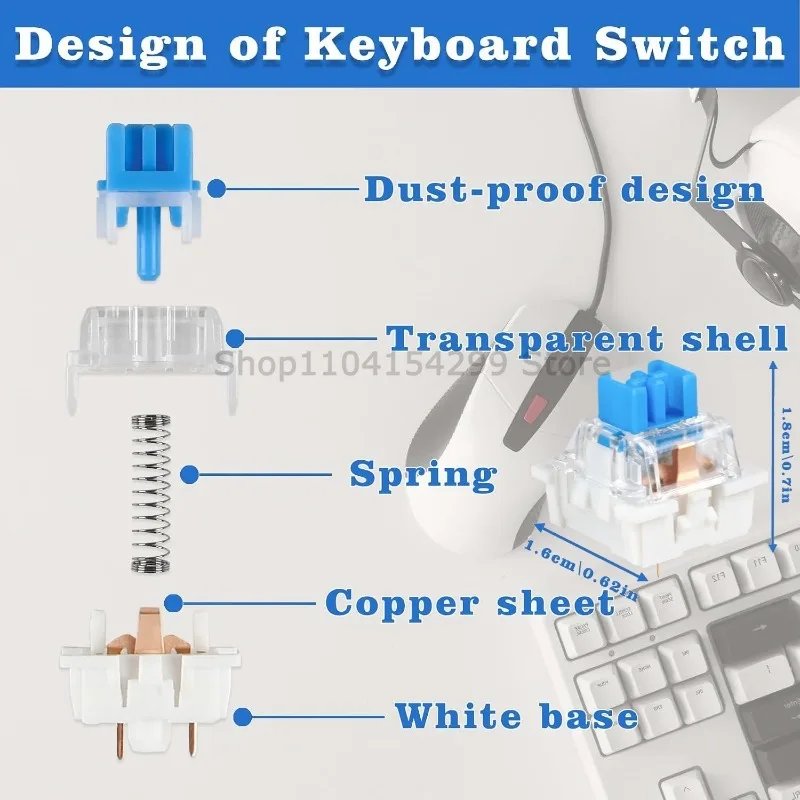 50 Pcs Blue Keyboard Switches, 3-Pin Clicky Tactile Mechanical Keyboard Switches, Complete DIY Replacement Kit with Switch Pulle - view 2