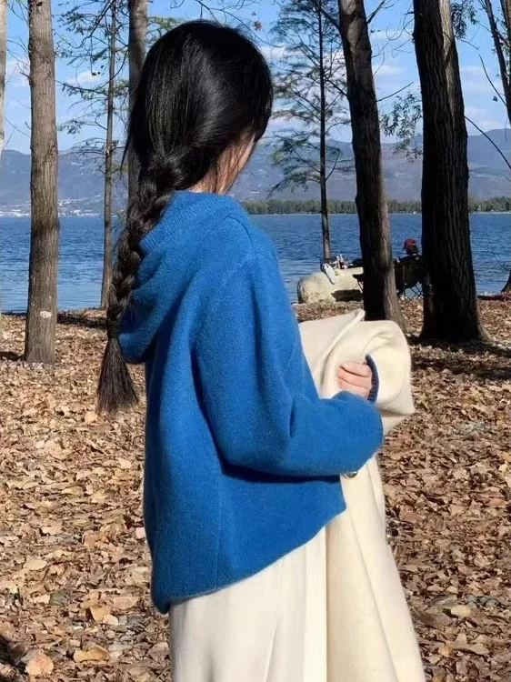 

Klein Blue Hooded Sweater Women's Autumn Winter New Lazy Sle Soft Cozy Base Layer Knitted irt Faion Top Warmth Feeding