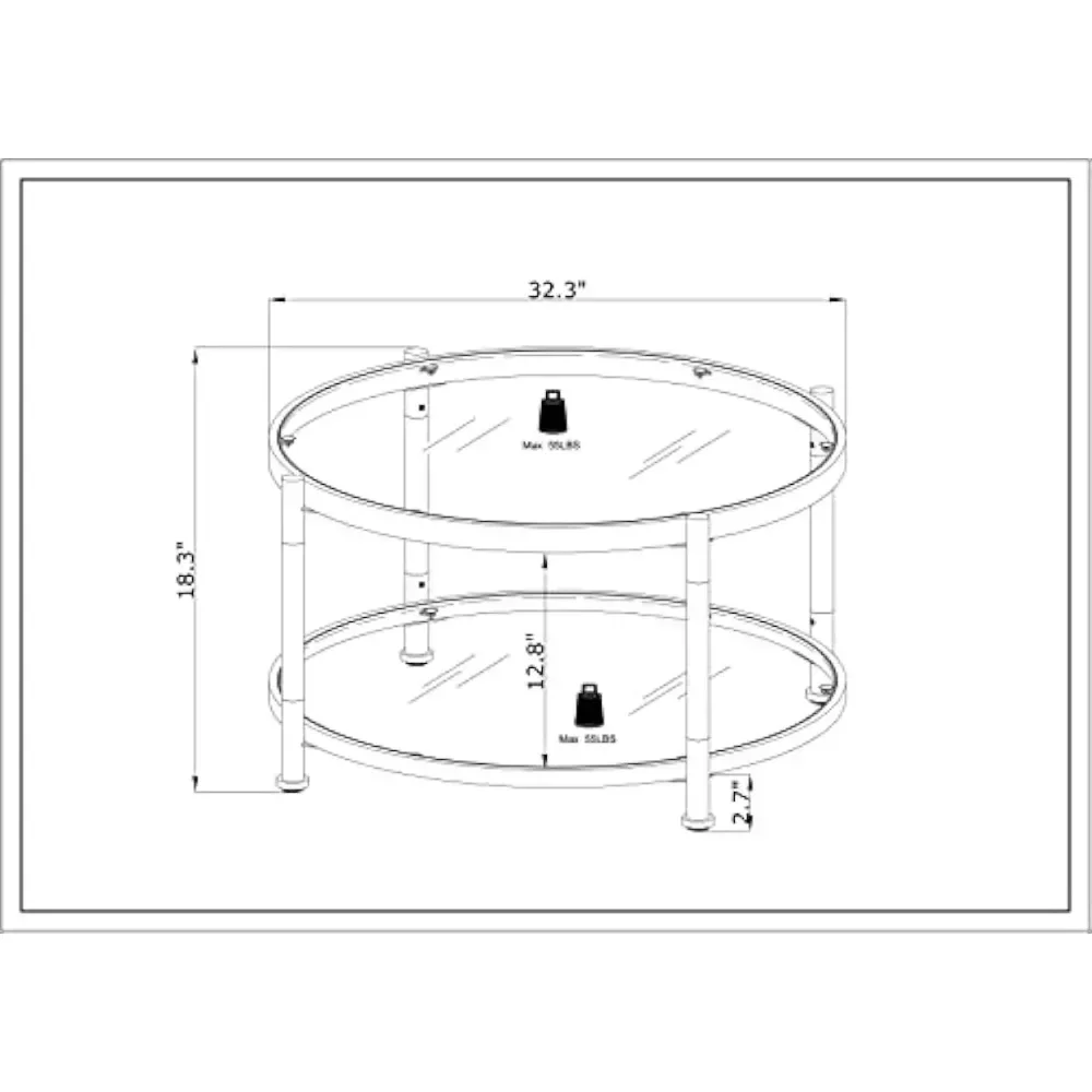 Tempered Glass Round Coffee Table,  with Clear Glass Top for Storage, with Open Shelf 32