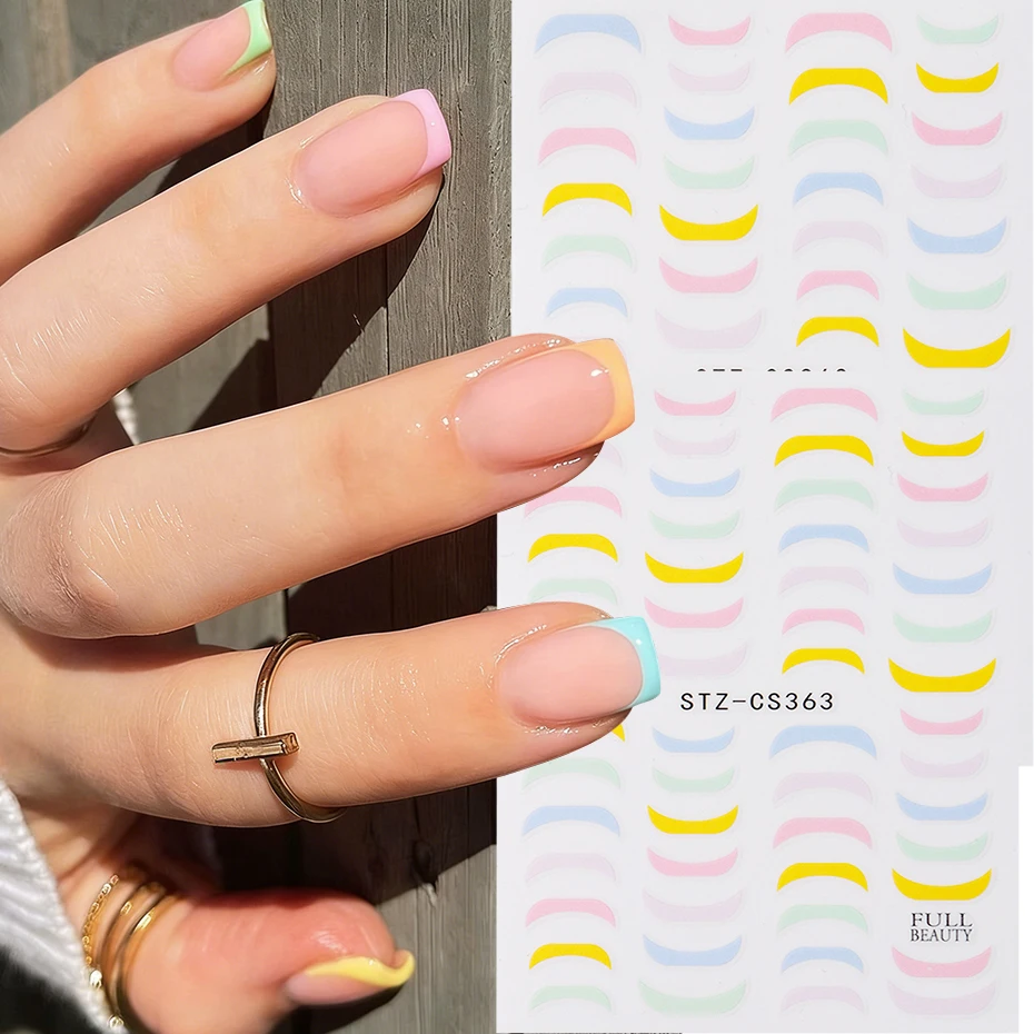 2pcs Colorful French Lines Nail Art Stickers Macaron Rainbow Colors Flat-top French Nail Decal Decoration DIY Manicure Supplies
