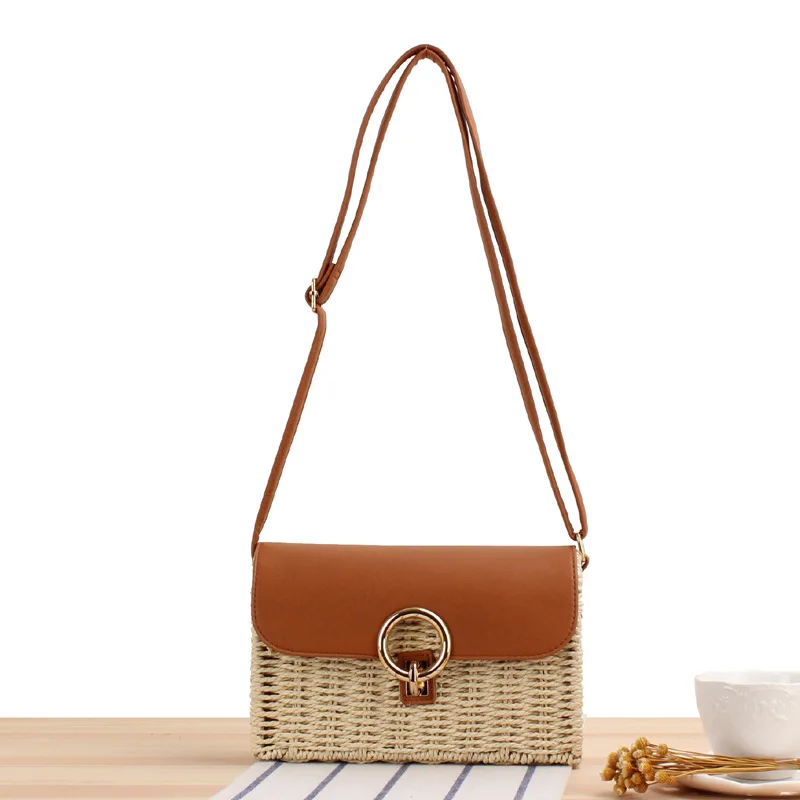 New square lock slung woven bag summer leisure straw bag shoulder beach bag