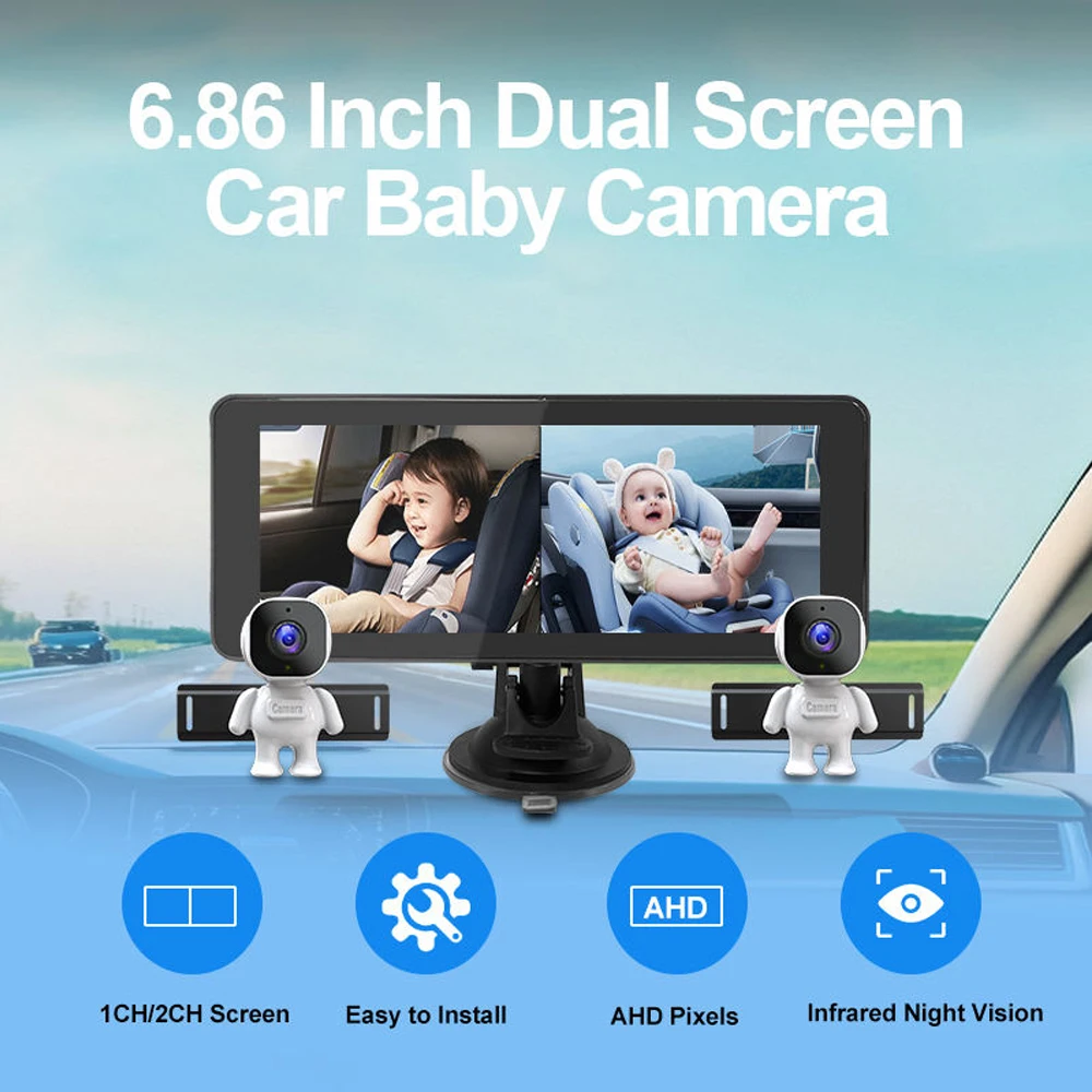 2CH 6.86 inch Baby Car Camera Dual Cameras USB Powered AHD Ultrawide Display Rear Facing for 2 Kids Infants Toddlers Car Monitor