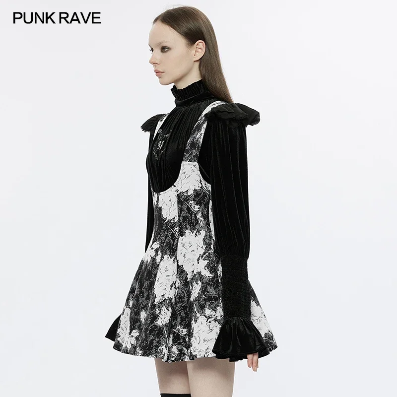 PUNK RAVE Women\'s Jacquard Dark Rose Sun Swing Version Dress Daily Sweet Princess Thread Split Waist Retraction Dresses