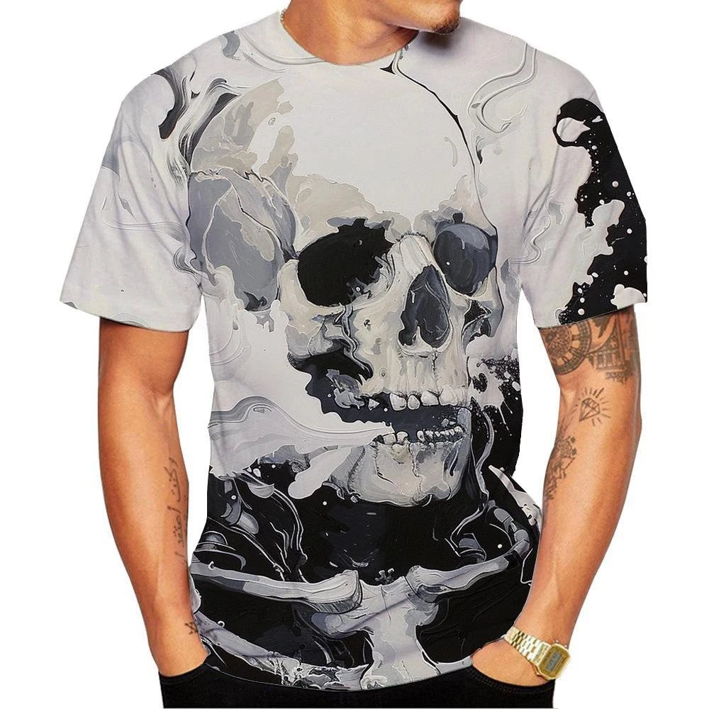 

New Fashion Men's Short Sleeve 3D Print Skull Pattern T-shirt Street Style Unisex Novelty Fashion Top Oversized
