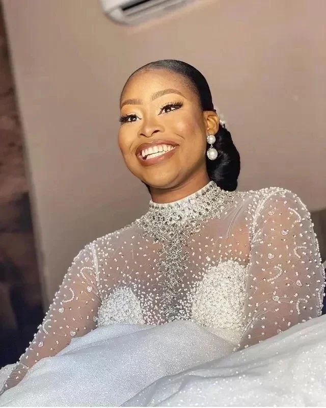 Customized Arabic Plus Size Wedding Dresses Bridal Gowns Beading Long Sleeve Crystal High Neck Sequined Vestidos De Novia