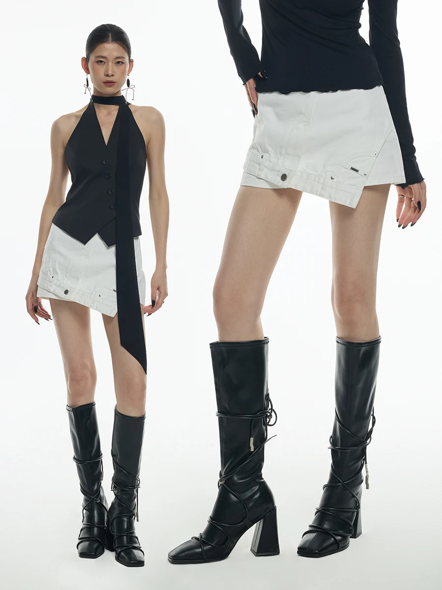 

Асимметричная джинсовая юбка А-силуэта для женщин, весенняя коллекция, дизайнерская модель Ourhour, деконструированная, с асимметричной белой передней вставкой