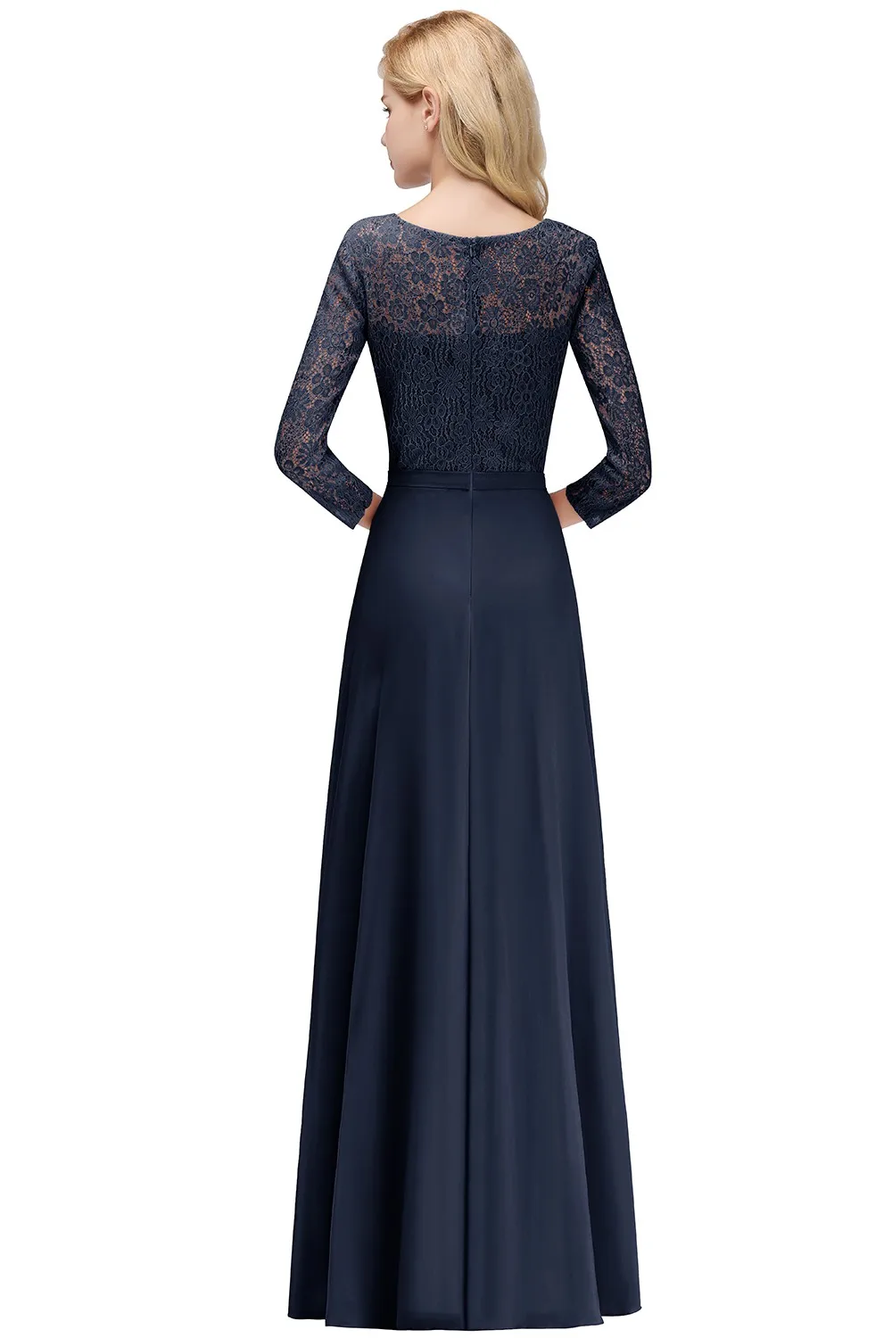 Long Sleeve Floral Lace Appqulies Evening Dress 2024 Navy Elegant Bridesmaid Dress Chiffon A-line Boho Wedding Party Guest Gown