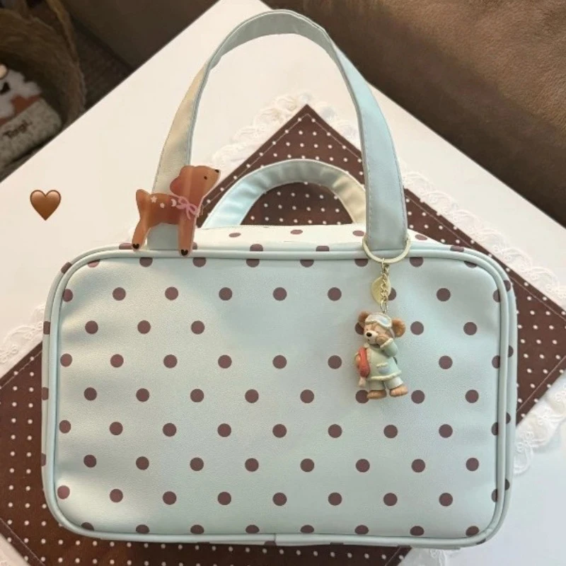 

Pu Leather Three-layer Portable Makeup Bag Fresh Mint Green Polka Dot Handbag Simple Makeup Storage Bag Travel Toiletry Bags
