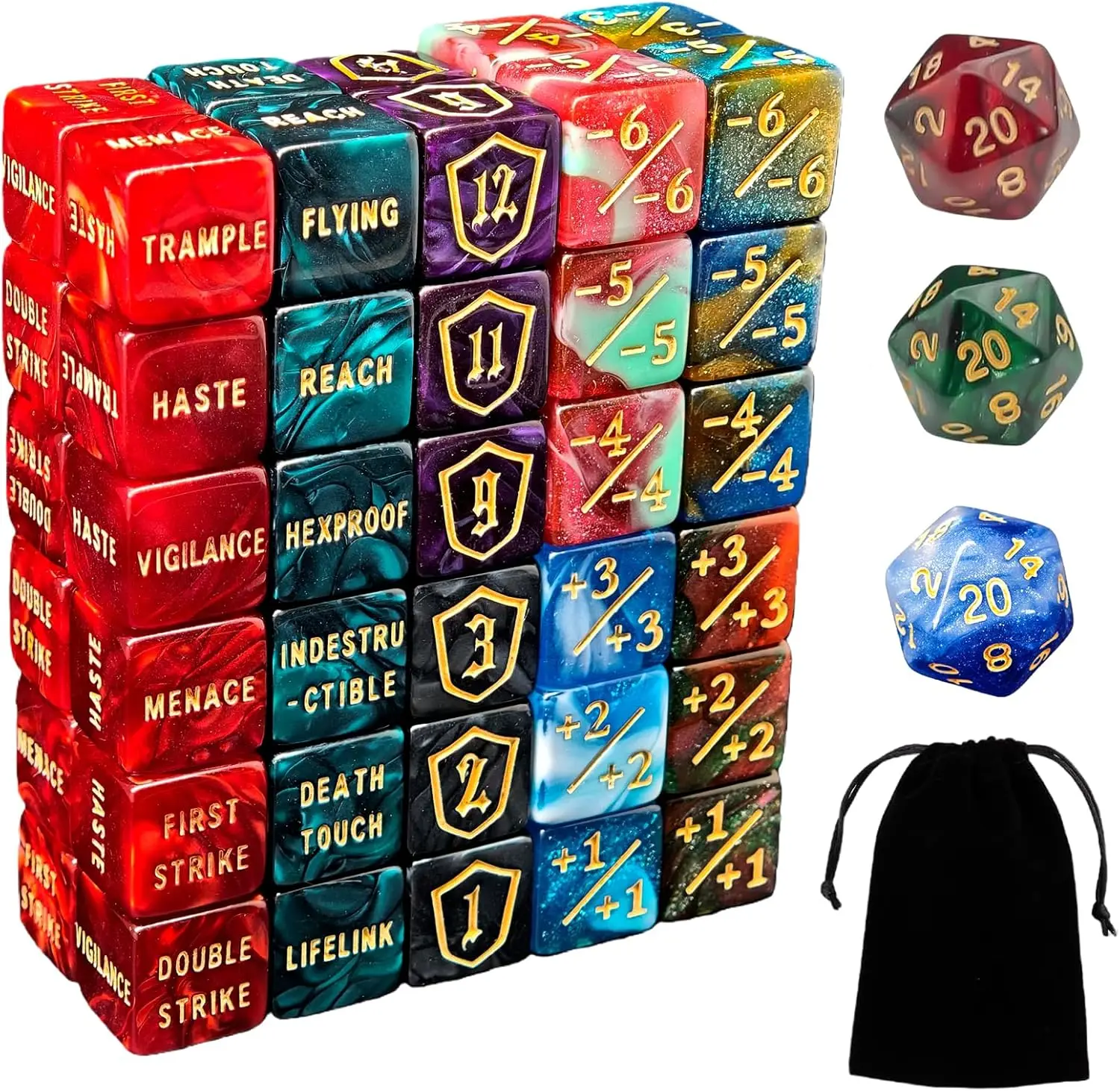 

63 PCS Dice Set for Card Games - Ability Counters, Life Trackers, Marble Color D6 Cubes with Storage Bag