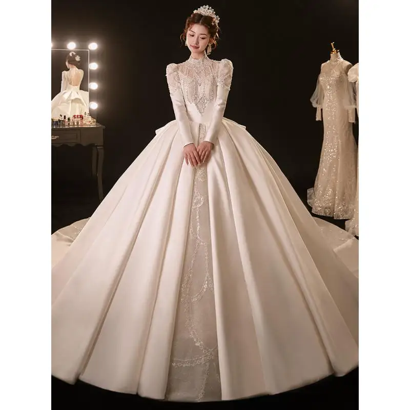 Vestido de casamento de manga comprida francês pérola diamante vintage sem costas estilo tribunal cetim véu principal princesa cauda grande personalizado