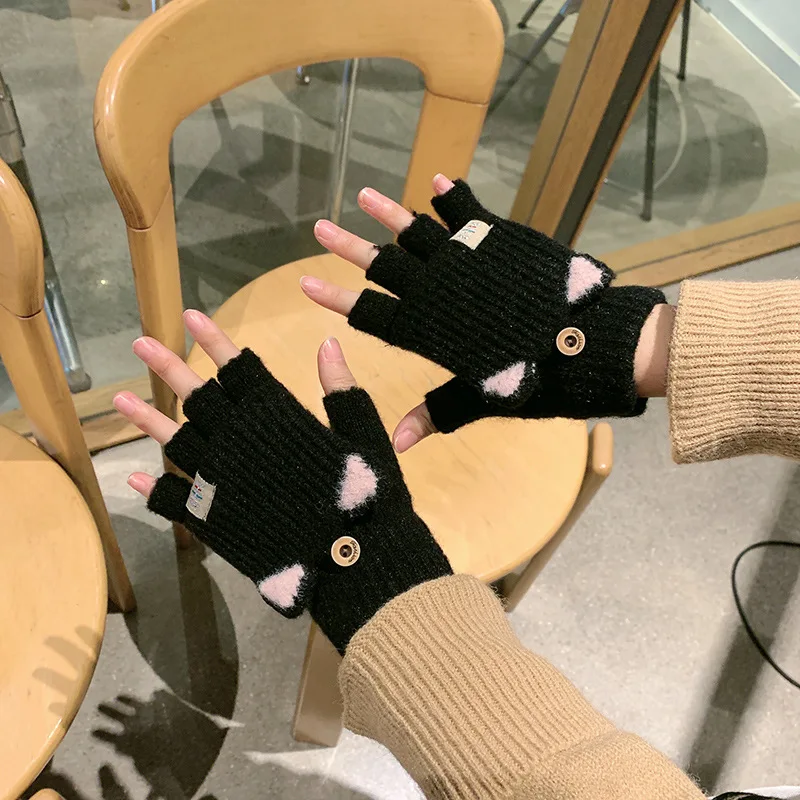 Winter Fingerless Glove for Kid Children Cat Ear Warm Plush Knitted Convertible Flip Top Glove Women Sweet Cute Hand Warm Mitten