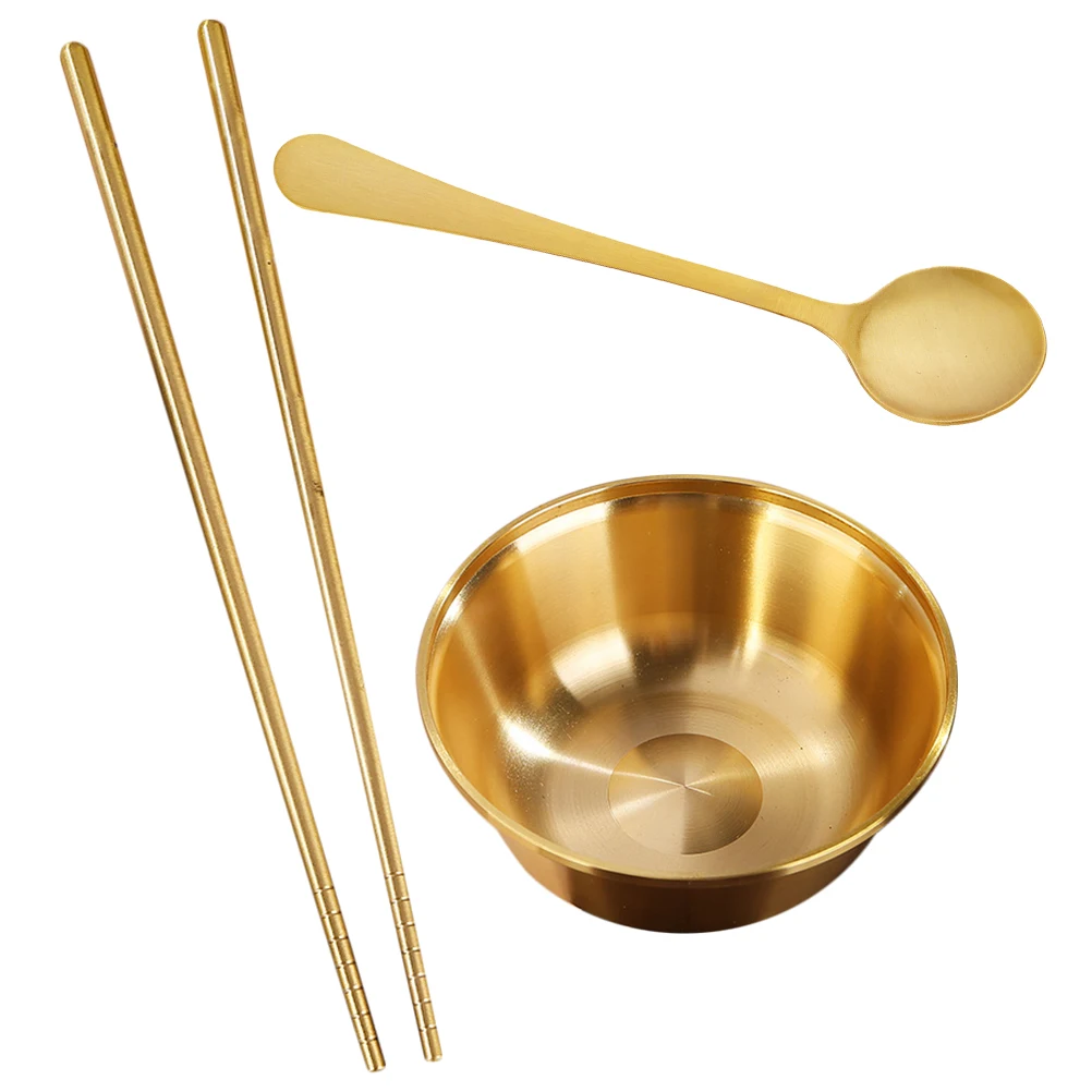 

1 set Brass Tableware Set Salad Bowl Fruit Storage Container Kitchen Spoon Dinner Chopstick Multi function Korean Brass