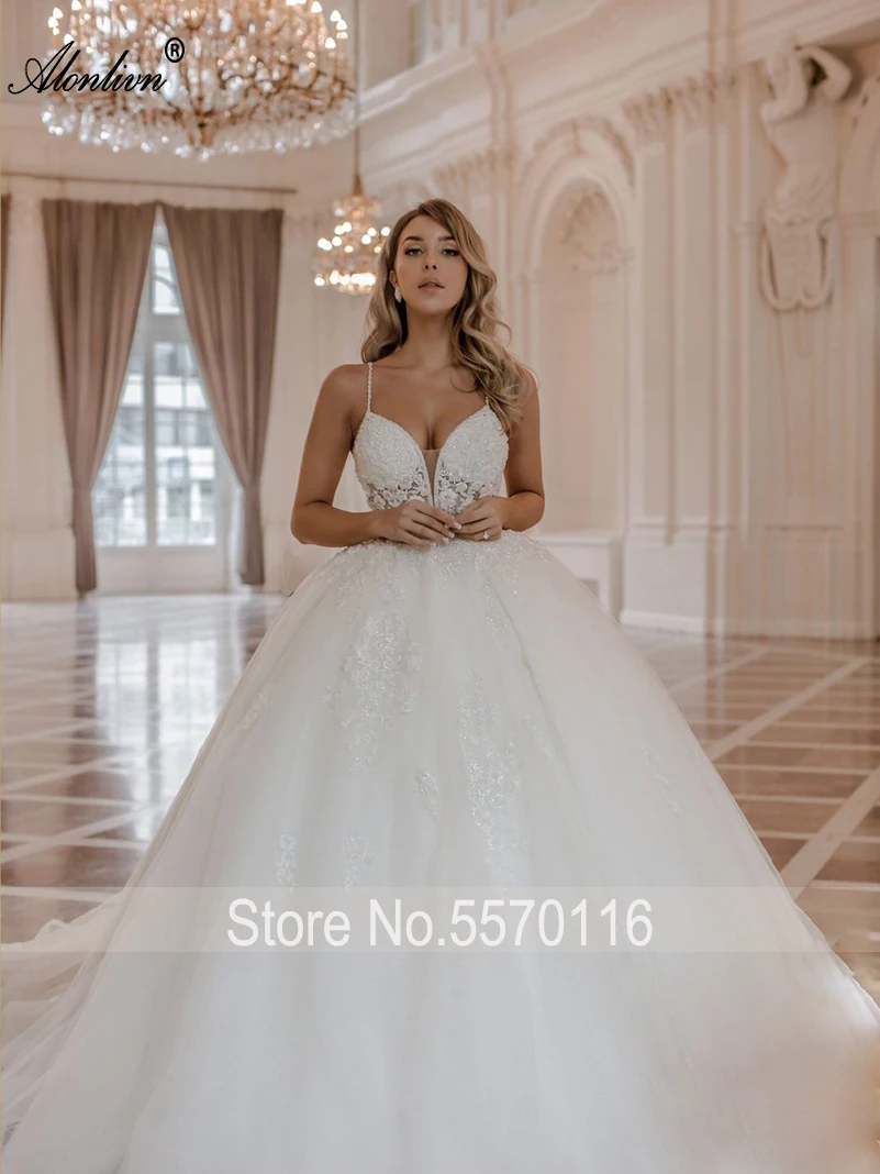 Alonlivn Silky Tulle Sweetheart A-Line Wedding Gowns Sleeveless Beading Pearls Appliques Lace Spaghetti Straps Wedding Dress