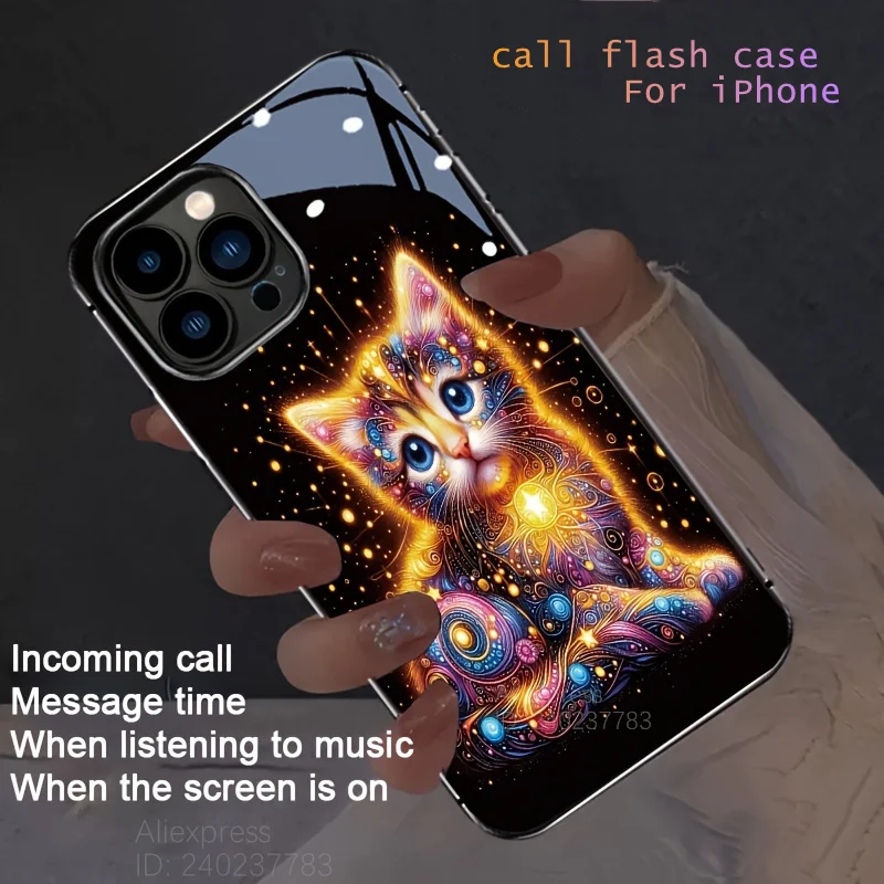 

Sparkling Starry Sky Cat Colorful Luminous Mobile Phone Case For iPhone 16 16e 15 Plus 14 Pro Max 13 Voice Controlled LED Cover