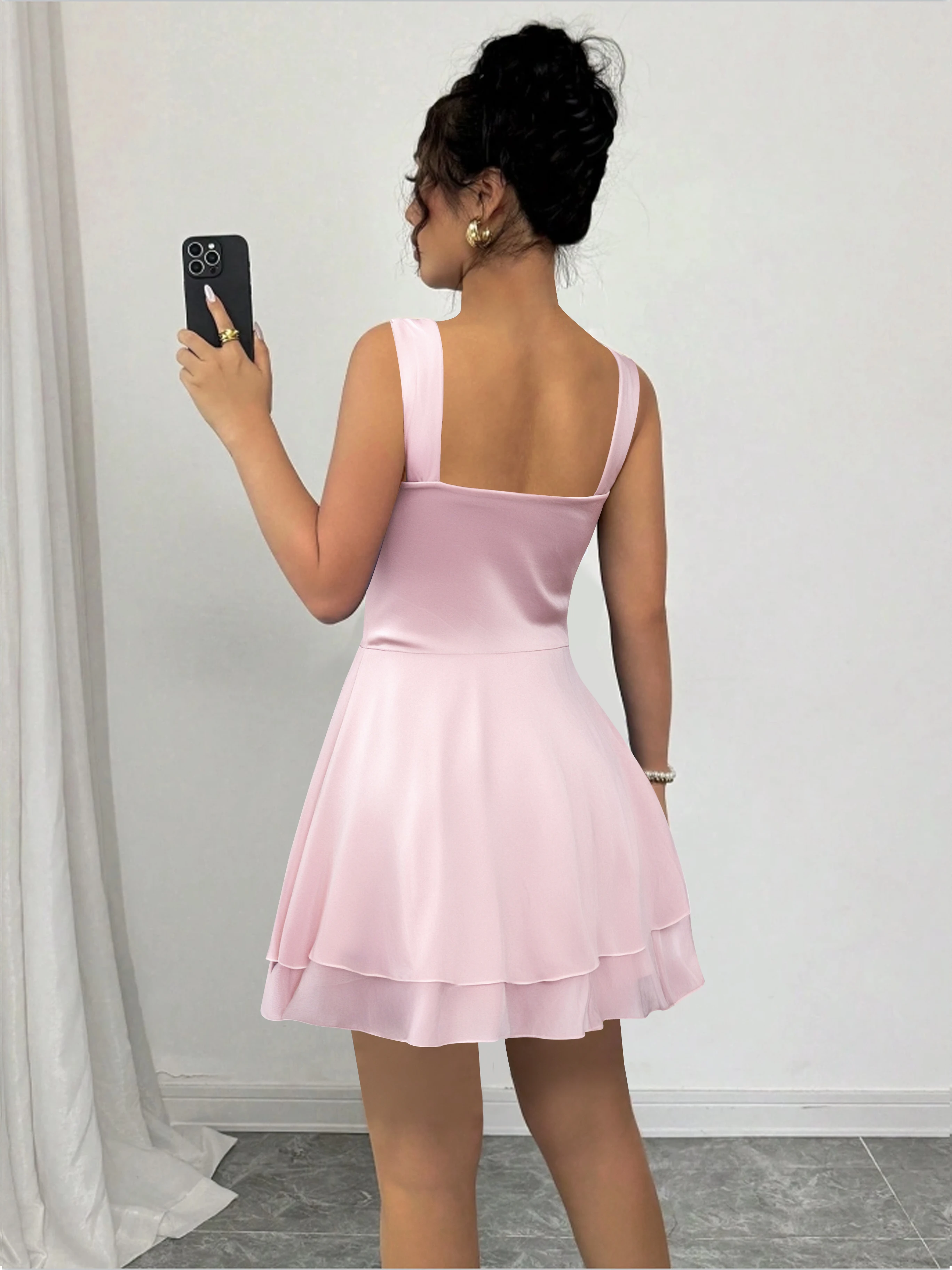 Sexy pescoço quadrado ombro fino ajuste vestido discotecas festas elegante dupla camada babados borda inchado saia feminina mini saia
