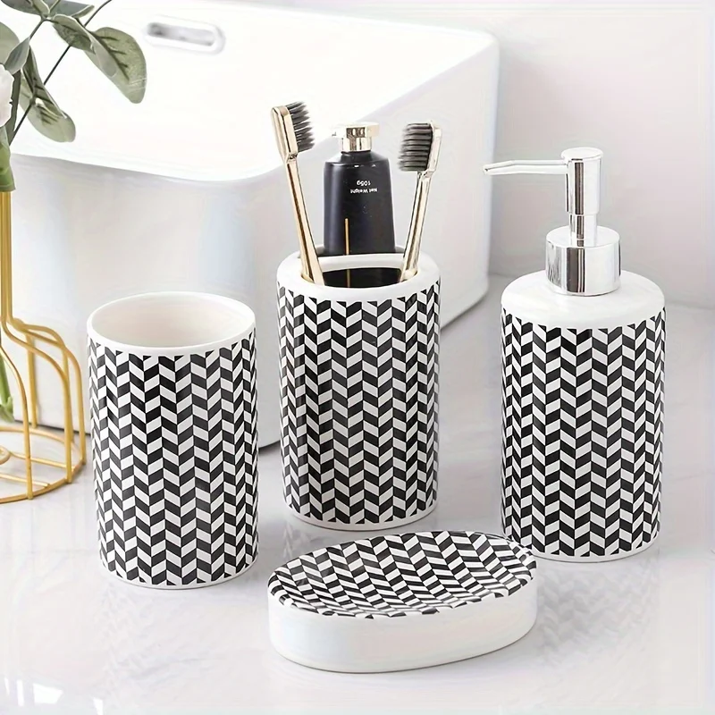 

Elegant Black and White Herringbone Bathroom Set Includes 4-Piece Set with Soap Dispenser, Toothbrush Holder, Cup, and Soap Dis