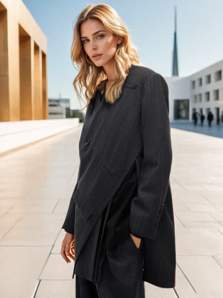 DEAT Fashion Women Blazer V-neck Diagonal Placket Single Breasted Asymmetric Side Split Suit Jackets Autumn 2025 New CPDB247