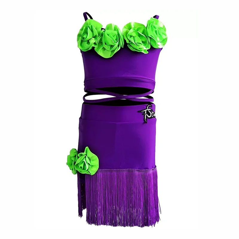 Flower Tassels Latin Dance Dress Kids Girls Training Clothes Professional Children Competition Ballroom Rumba Cha Cha Dancewear