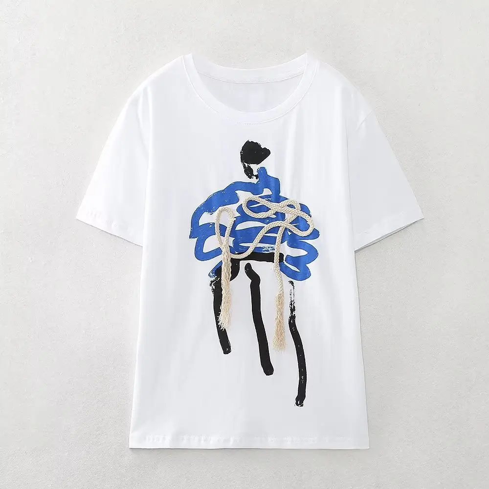 2024 New Women's Hand-Painted Girl Print T Shirt Summer Sweet O-Neck Short Sleeve Loose Cotton Pullover Tees Top