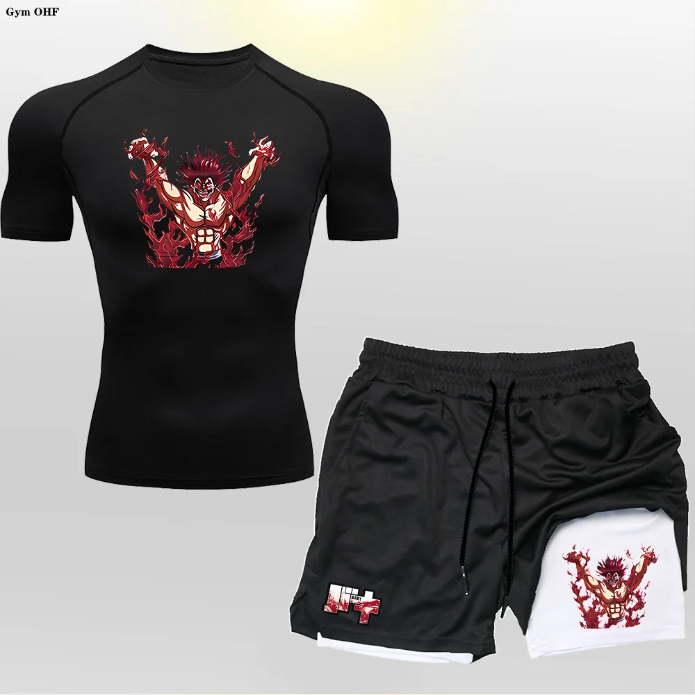 Anime dres mężczyźni Jiu Jitsu Bjj t-shirty + spodenki 2 w 1 Rashguard dla mężczyzn strój bokserski siłownia bieganie Jogging trening MMA