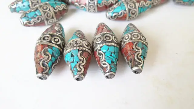 5CPS Nepal Hand Beads Brass Inlaid Stone Long Shuttle Beads NBB285