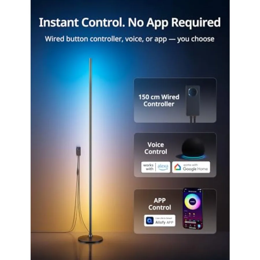 Floor Lamp, LED Corner Lamp Works with Alexa and Google Assistant, Modern Floor Lamp with 16 Million DIY Colors, Music Sync, Ti