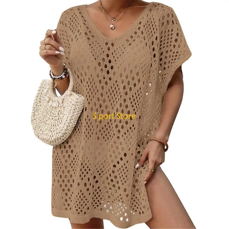 U2JB Costume da bagno donna sexy con scollo a V e manica corta, abito corto da spiaggia all'uncinetto, costume da bagno