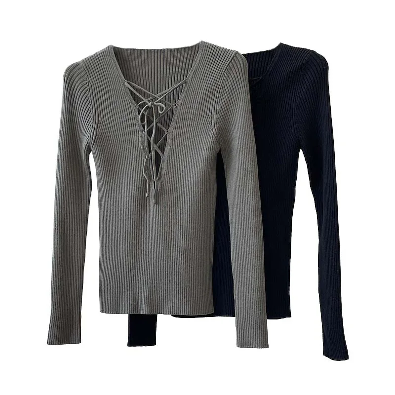 Lace Up Sweater Slim Fit Deep V Neck Pullover Jumper Women