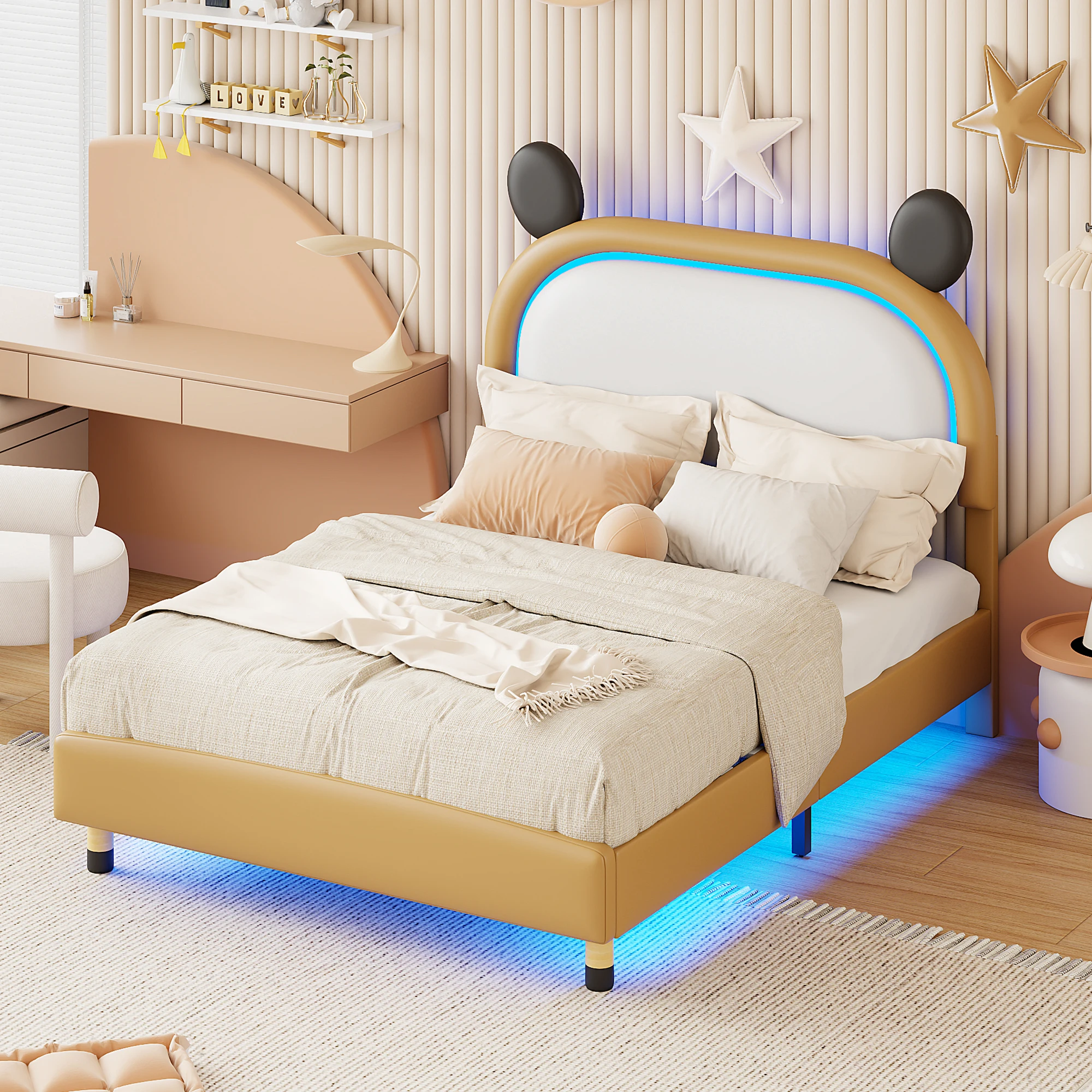 Children's bed Upholstery bed 140x200 cm LED Lighting Flat bed Two Color Faux Leather Adjustable Headboard Double Bed Youth bed Flat Slatted bed Yellow Brown