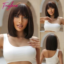 Dark Brown Short Bob Synthetic Hair Wigs with Bangs Straight Cosplay Lolita Natural Wig for Women Afro Blunt Cut Heat Resistant