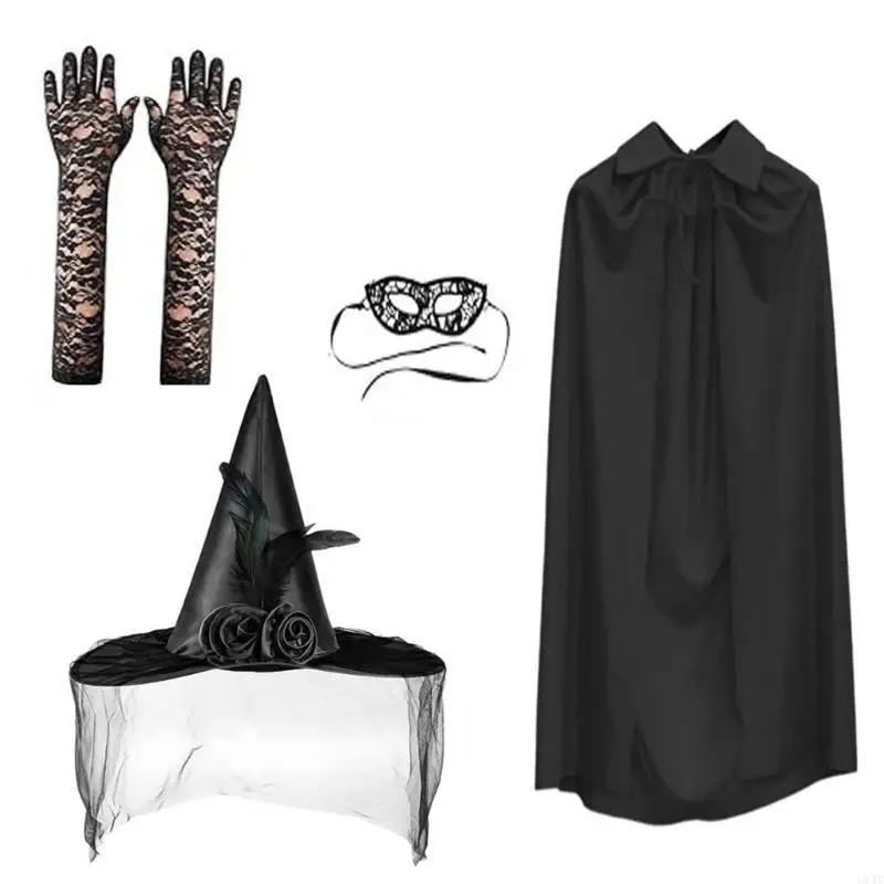 Halloween Witch Cosplay Accessoires Dames Witch Kostuum Witch Cloak Witch Hat Lace Eye Mask en handschoenen voor vrouwen