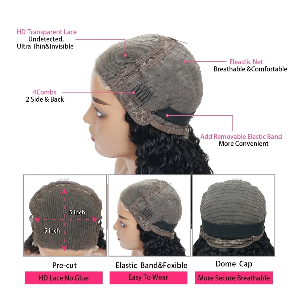 Onda Profunda Peruca de Cabelo Humano Encaracolado, HD Lace Front, Pré-Arrancado, Brasileiro, Glueless, 5x5, 200% Densidade