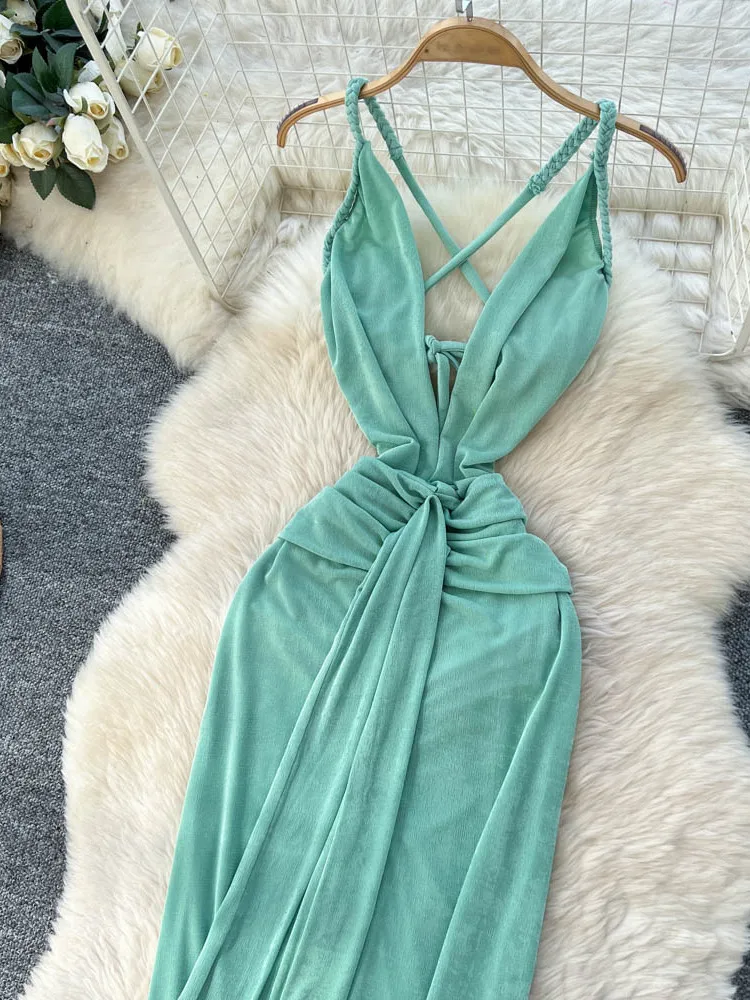 Sexy profundo v ne strapl bodycon saia longa feminina dr coreano sle cintura alta fibra de poliéster verão a linha dr