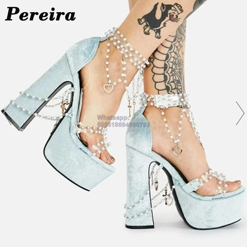 Pereira Pink Sandals Chain Decor Clear PVC Women Platform Round Toe Blue Chunky High Heel Sandals White Shoes On Heels Summer