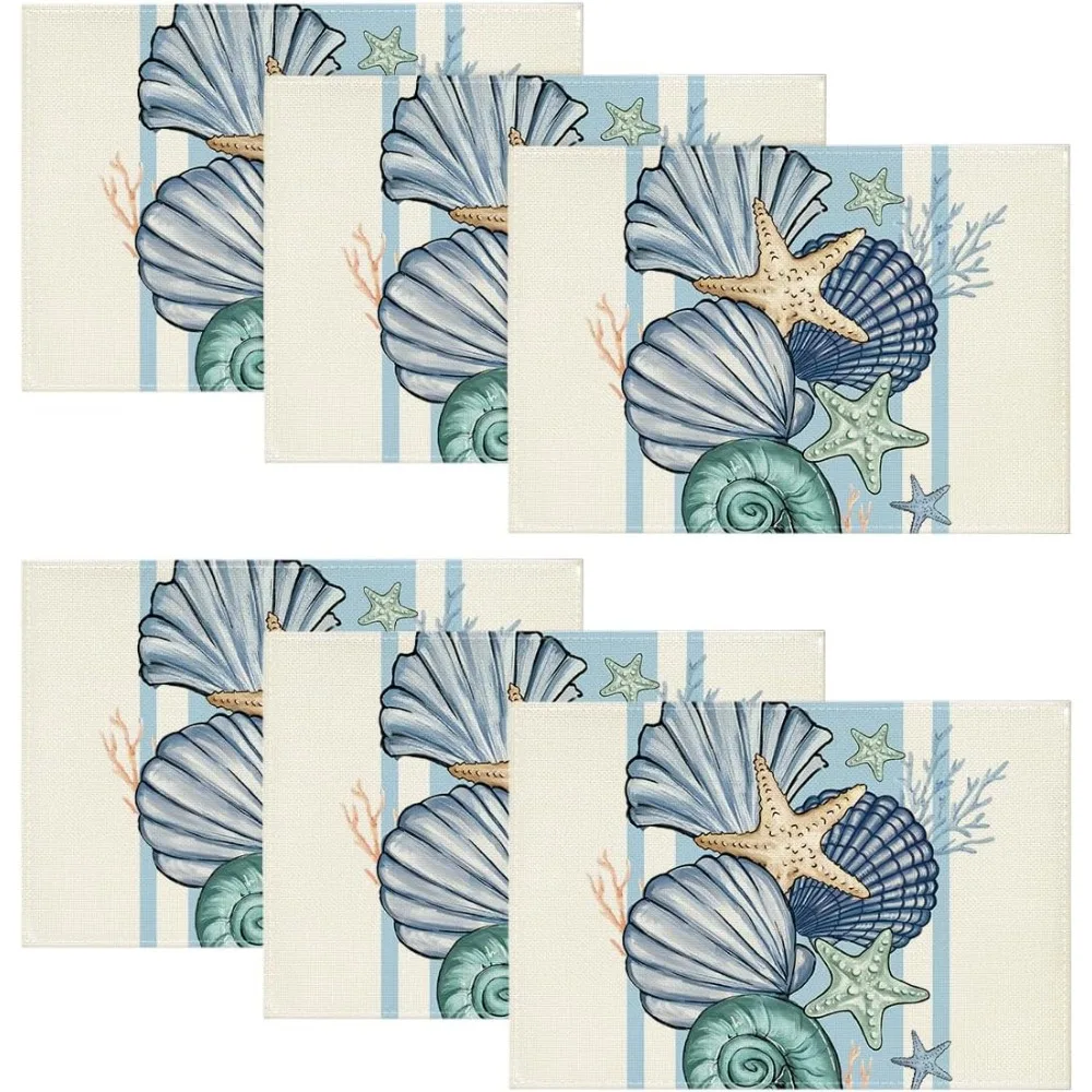 Sea Shell Starfish Summer Placemats Set Of 6, 12x18 Inch Seasonal Holiday Table Mats For Party Kitchen Dining Decora