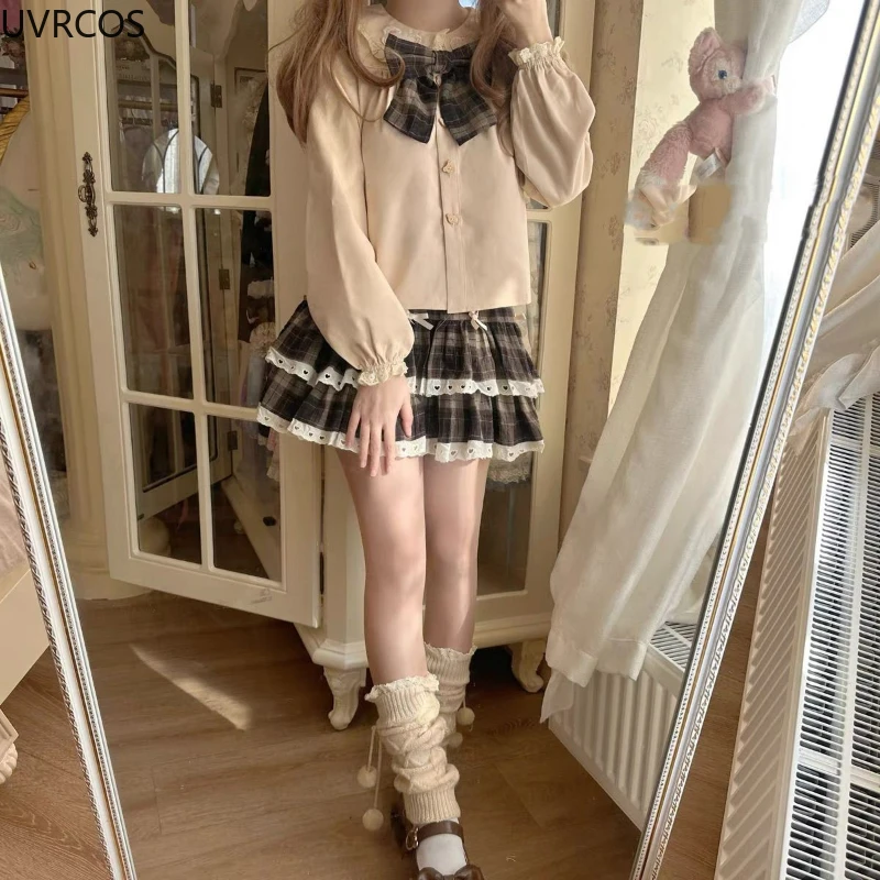 Jesień Zima Preppy Style Plaid Mini Spódniczka Kobiety Kawaii Lace Patchwark Bow Pleated Skirts Japanese Sweet Cute A-Line Cake Skirt