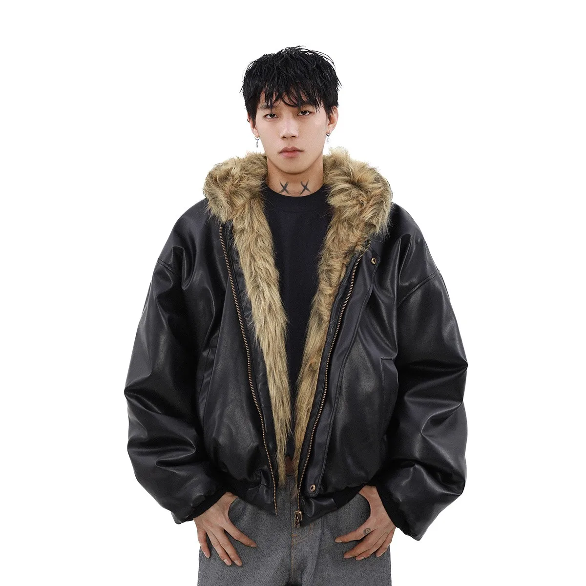 

American Retro Double-Sided Wear Leather Fur Inteated Fur Coat Men's Winter High-End Thiened Warm Hooded Leather Jaet