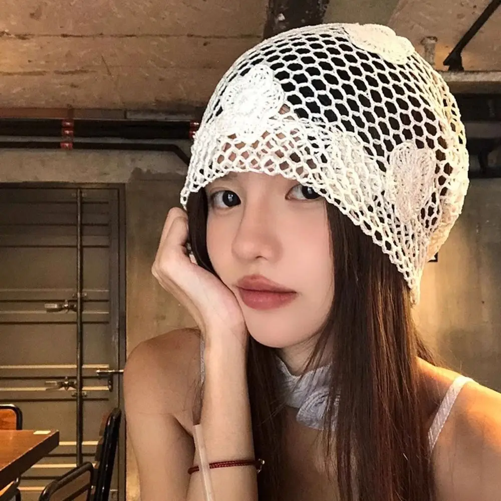 

Sweet Handmade Crochet Flower Hat Hollow Out Thin Lace Beanies Hat Korean Cute Weave Cap Spring and Summer