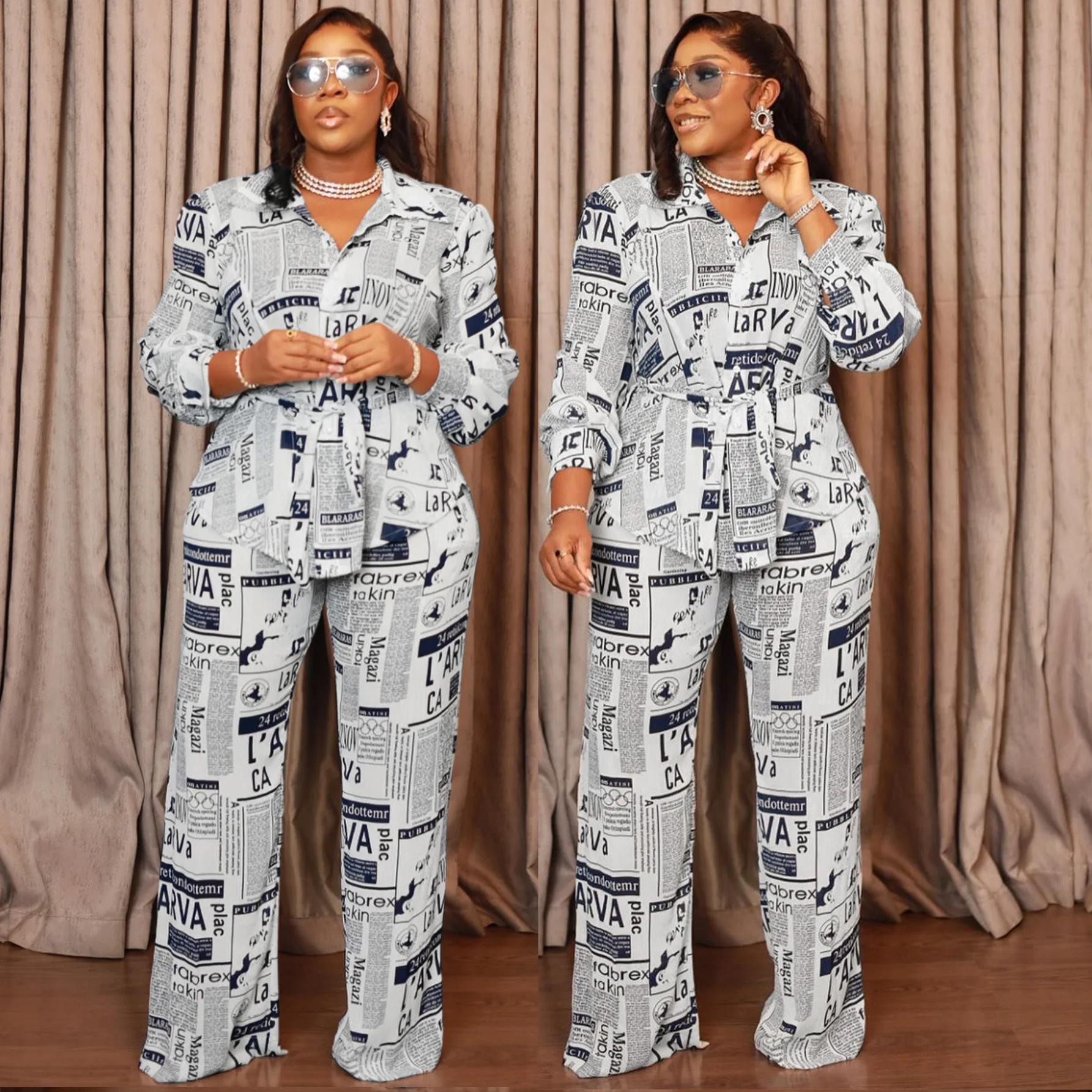 

Pants Set Women Two Piece Sets Print Matching Sets Full Sleeve Lace Up Tight Waist Tops Wide Leg Long Pants Y2k Streetwear Work