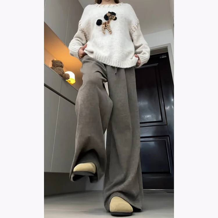 Coréen Sle doux pantalons décontractés femmes automne hiver nouveau pendentif mince tricoté riz nouilles pantalon taille haute jambe droite