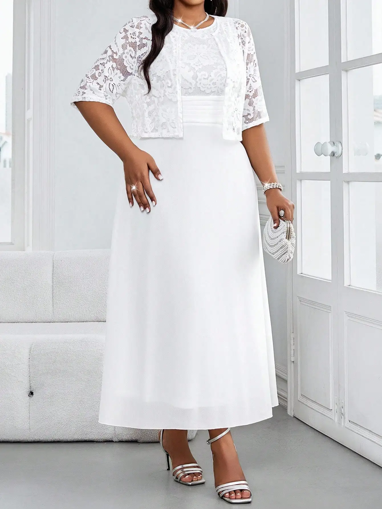 

Elegant White Lace Midi Dress With Jacket 2 Piece Set For Wedding Party Office