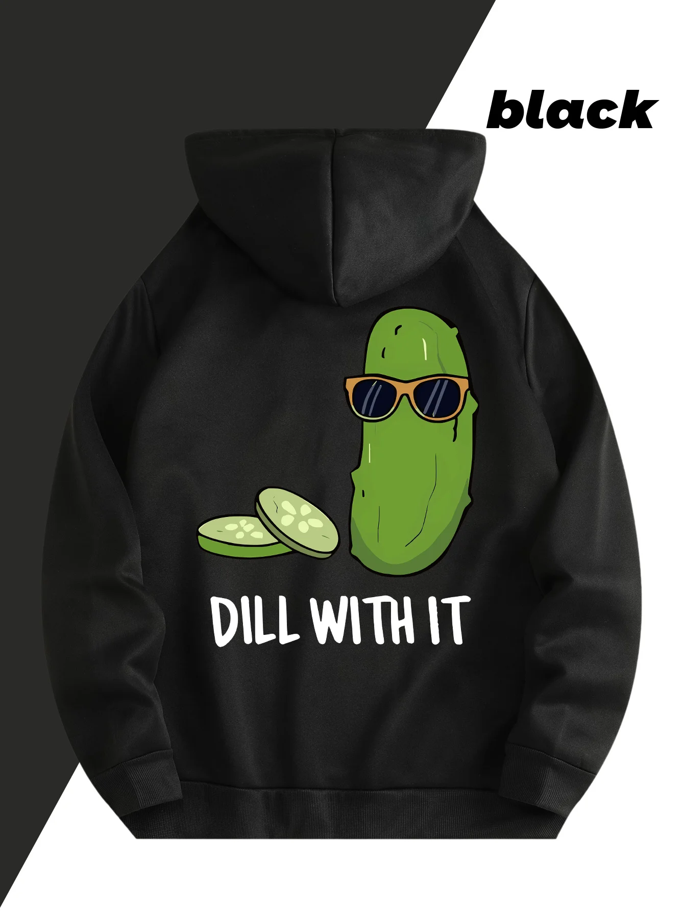 Humorous cartoon man loose hooded shirt. Cool pickled cucumber fun slogan hand-drawn graphic elements back print pullover hoodie