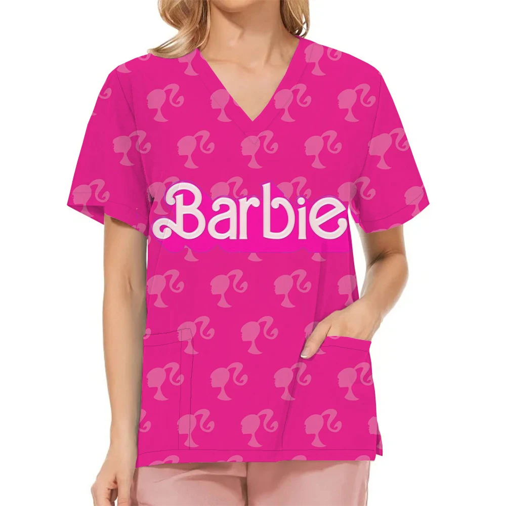 

Barbie Print Nursing Scrubs Tops Women Nurse Uniform Women Fashion V-neck Pocket Beauty Salon Uniform Medical Uniforms Uniforme