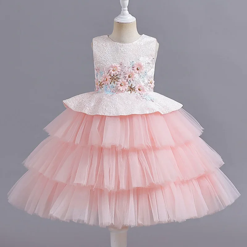 

Girls' Sleeveless Short Mesh Puff Cake Princess Evening Host Flower Girl Dress