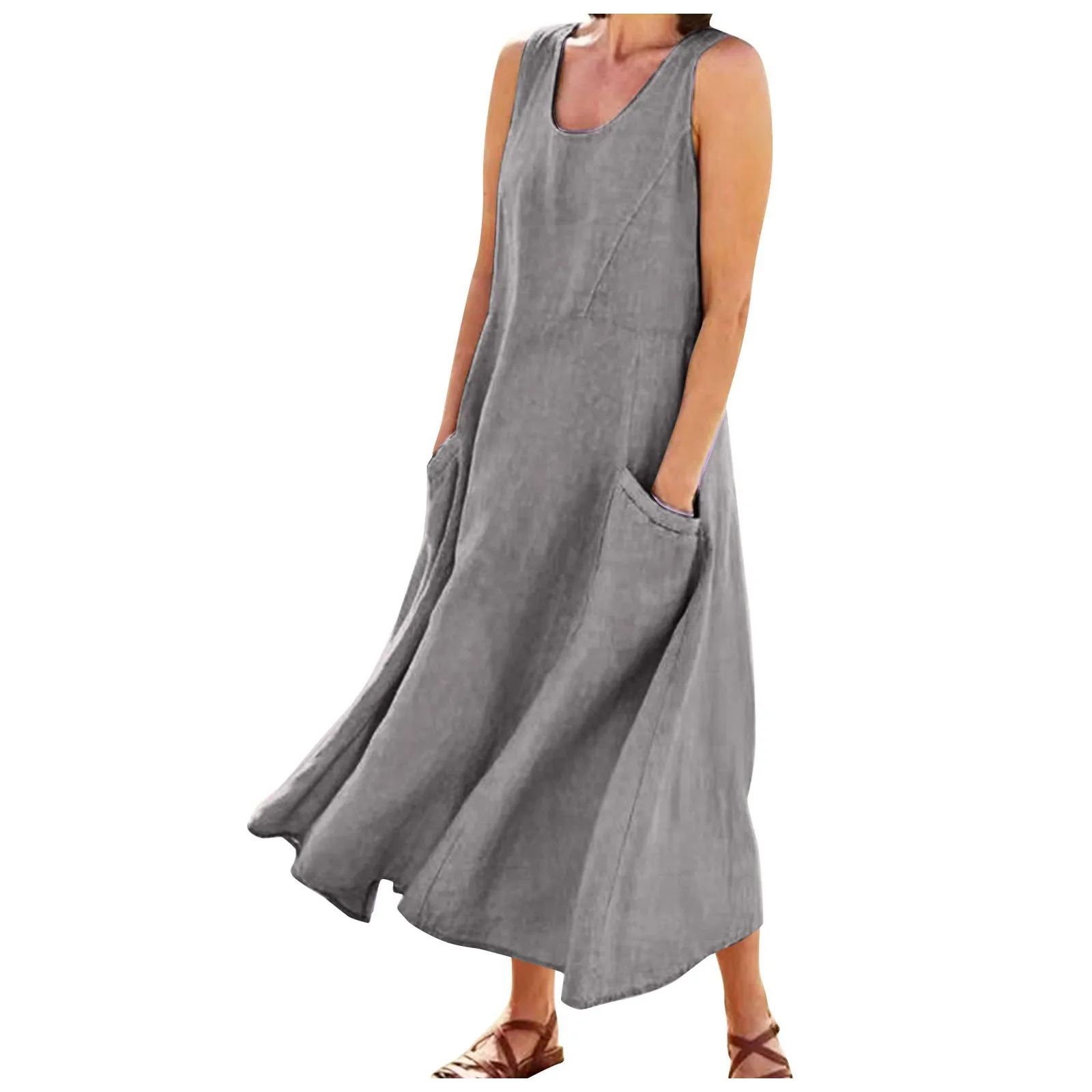 Vintage Cotton Linen Long Dresses for Women Summer Solid Color Sleeveless Boho Maxi Dress Pocket Loose Tank Dress Plus Size 5XL